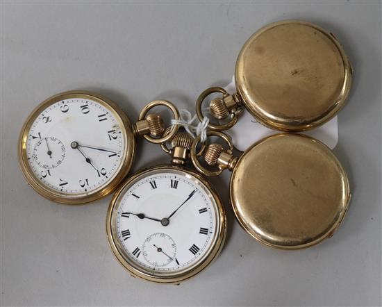 Four assorted gold plated pocket watches including two hunters.